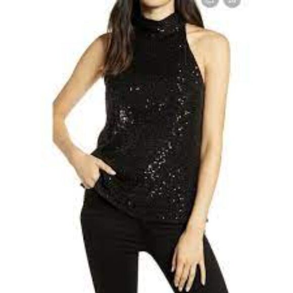 Chelsea 28 High Neck Sequin Black Halter Top, Size 1X - Picture 1 of 8
